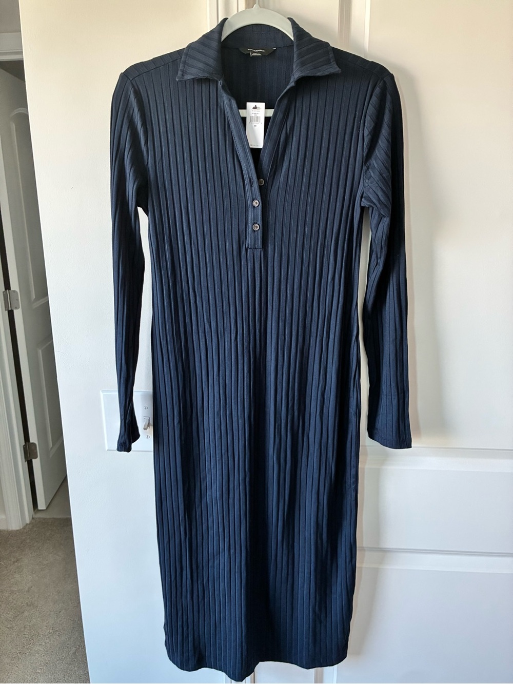 Ribbed Long-Sleeve Polo Midi Dress in Navy- Banana Republic XS NEW